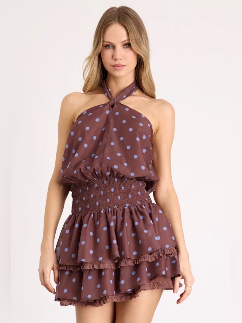 Lulu’s Polka Dot Halter Tiered Mini Dress - Brown and Blue Polka Dots
